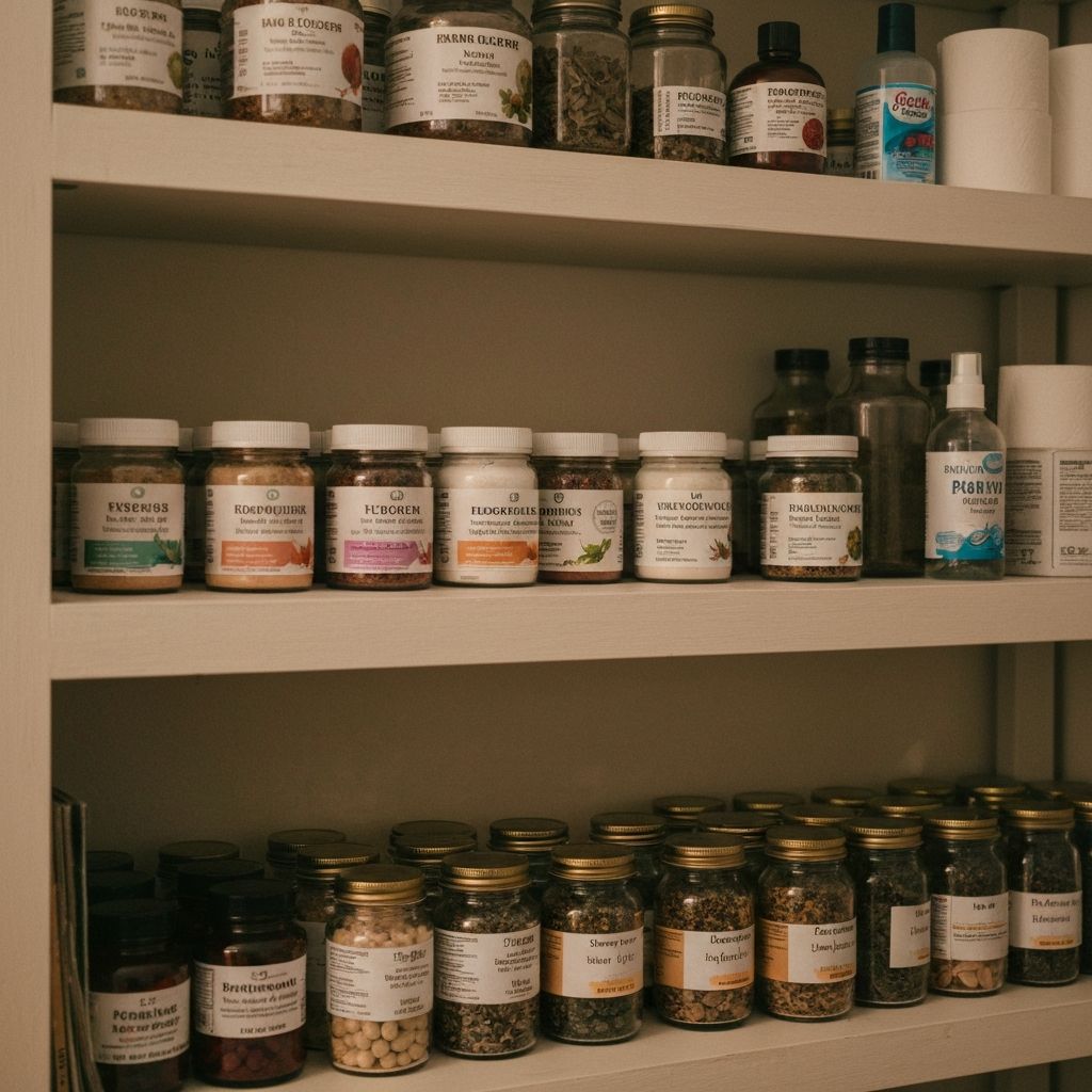 Regal mit verschiedenen Supplement-Gläsern und Pulvern