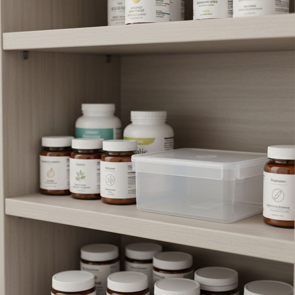 Schrank-Regal mit Supplement-Gläsern und Aufbewahrungsbox